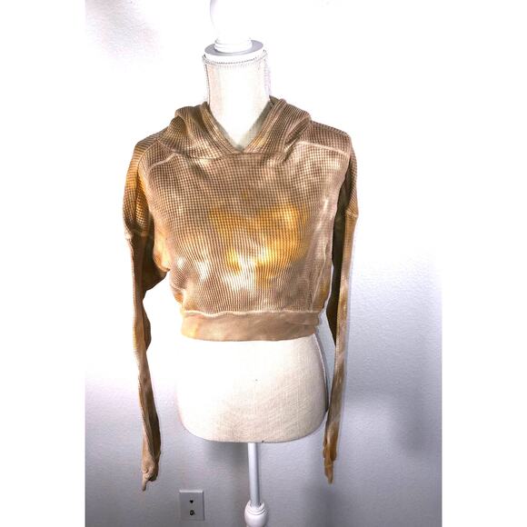 Wild Fable  Yellow and Tan Cropped Waffle Knit Thermal Hoodie - S - Picture 2 of 5